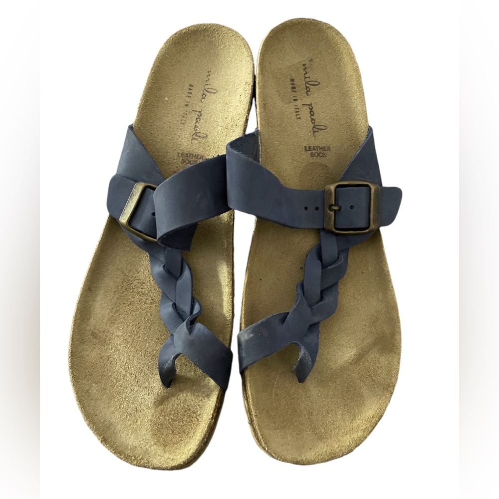 Mila Paoli Women Sz 9Cork Wedge Leather Sandals Blue Toe Wrap Braid Buckle Strap
